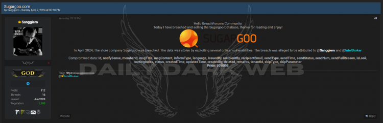 Sugargoo’s Database Allegedly Breached by Threat Actors Sanggiero and IntelBroker, Data Offered for $50,000