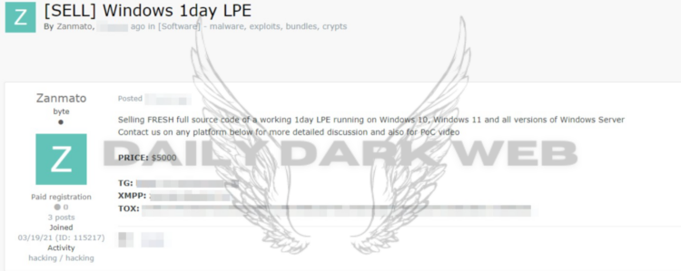 Threat Actor Offers NEW Windows 1-Day LPE Exploit for Sale at $5000