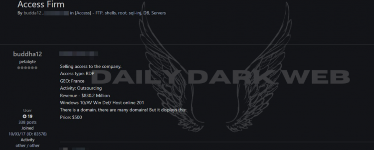 Threat Actor Offers Unauthorized RDP Access of $830 Million French Outsourcing Service Company