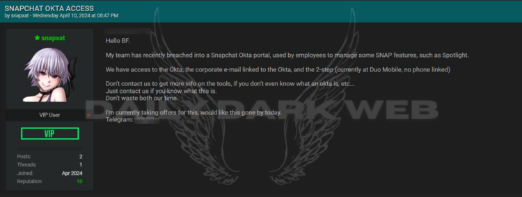 Threat Actor Offers Unauthorized Access of Snapchat OKTA Portal