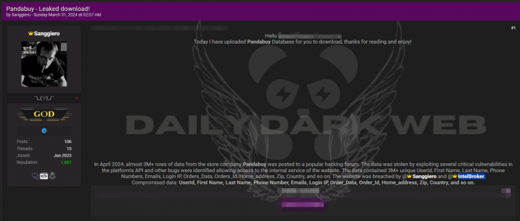 Threat Actor Allegedly Claims Database Leak of Pandabuy, Exposing Customers Data