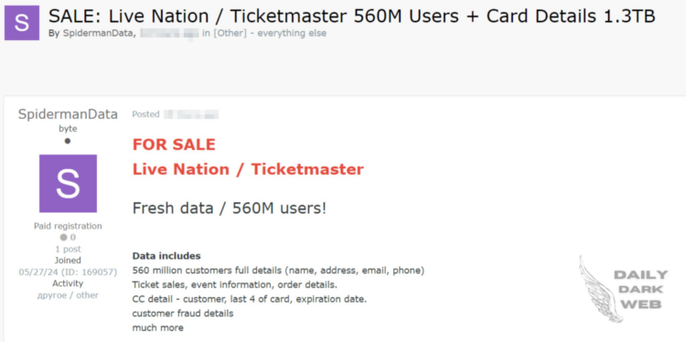 Alleged Sale of Live Nation and Ticketmaster Data: 560 Million Users’ Information on the Dark Web