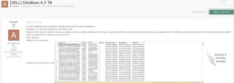 Threat Actor Offers Database of MedSecure for Sale at $50000
