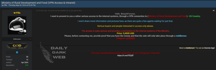 Threat Actor Claims to Sell Unauthorized VPN Access to a European Country’s Ministry of Rural Development and Food