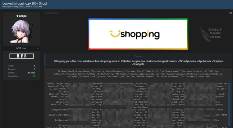 Threat Actor Allegedly Leaked Database of ISHOPPING.PK