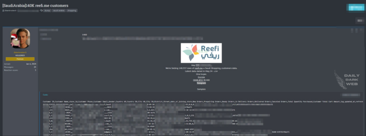 Data Breach Alert: Allegedly Saudi Shopping Platform Reefi.me Customer Data for Sale