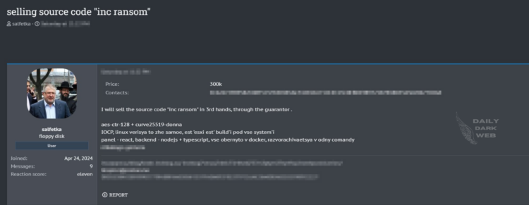 Source Code Sale, A threat Actor Offers INC Ransom Source Code for Sale at $300,000