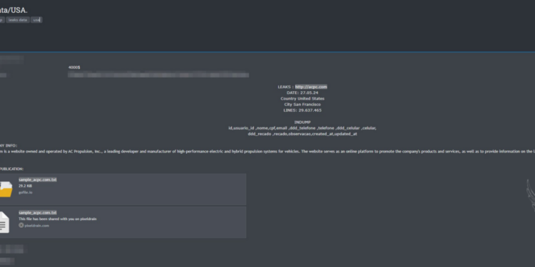 A Threat Actor Claims to Have Leaked Database of AC Propulsion Company; Exposes Over 29 Million User Records