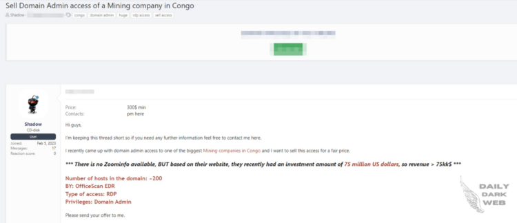 Threat Actor Allegedly Offers Unauthorized RDP Access to one of Congo’s Largest Mining Companies