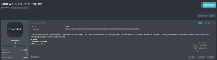 SonicWALL SSL-VPN Exploit for Sale: Claims to Bypass 2FA and Access Sensitive Data