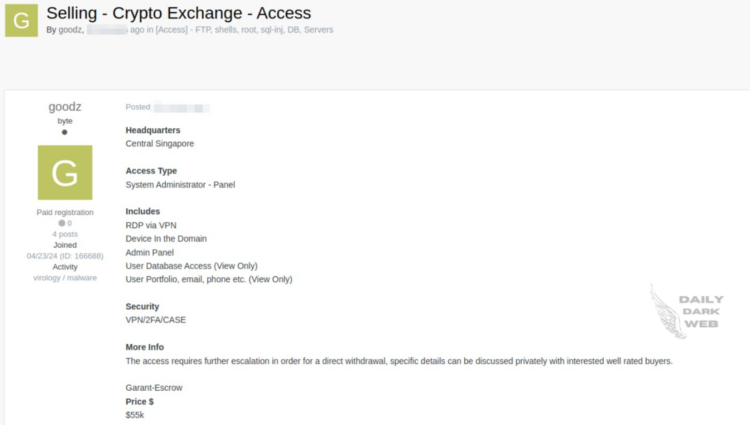 Threat Actor Allegedly Offers Unauthorized Admin Access to a Crypto Exchange Company