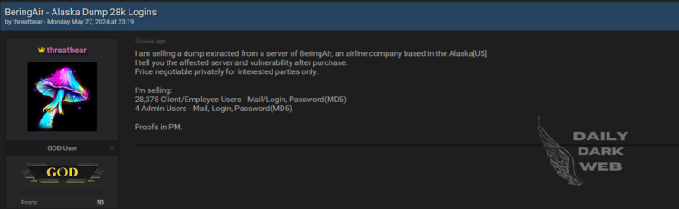 Threat Actor Claims to Sell BreingAir User Data Including Client, Employee, and Admin Credentials