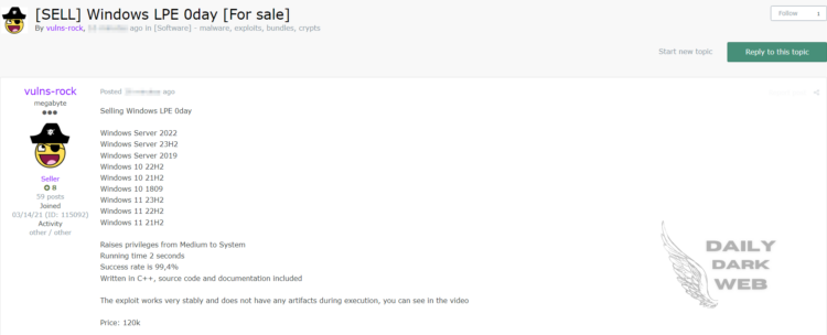Threat Actor Claims to Be Selling Windows LPE 0-Day Exploit for $120,000