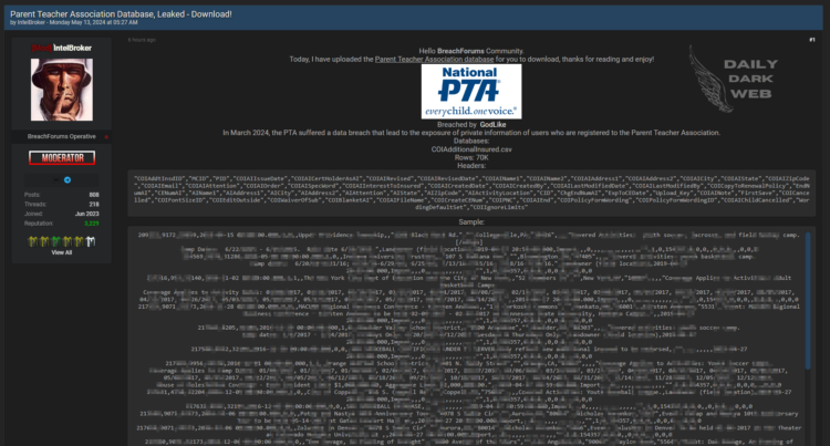 IntelBroker Allegedly Leaks Parent Teacher Association Database