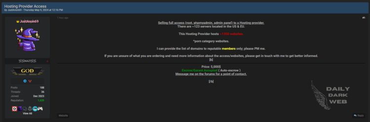 Threat Actor Offers Unauthorized Access to Hosting Provider with 1350 Websites
