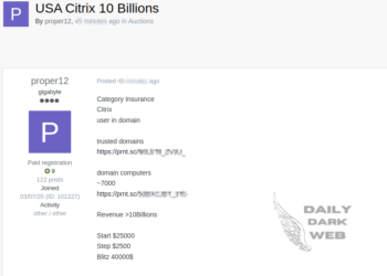 Threat Actor Allegedly Selling Unauthorized Citrix Access to American Insurance Company with $10 Billion in Revenue