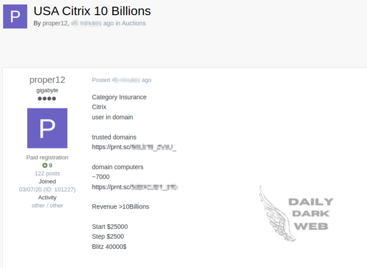 Threat Actor Allegedly Selling Unauthorized Citrix Access to American Insurance Company with $10 Billion in Revenue