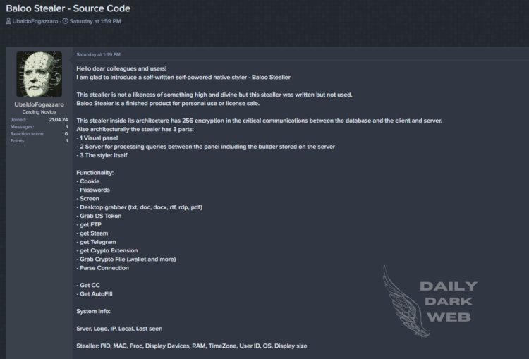 Threat Actor Offers Baloo Stealer Source Code for Sale for $1500