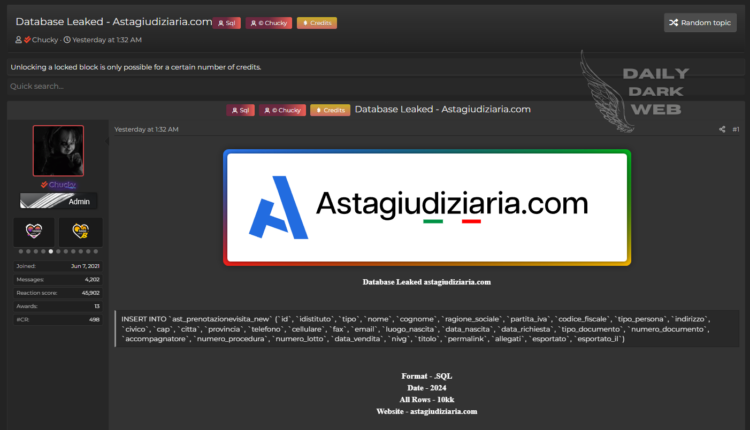 Threat Actor Chucky Claims to Leak Astagiudiziaria.com Database