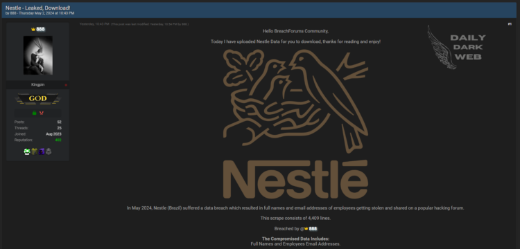 Nestle (Brazil) Alleged Data Breach: Threat Actor 888 Exposes Employee Information