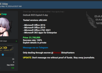 A Threat Actor Claims Sale of Outlook RCE Exploit 0-Day for $1,700,000