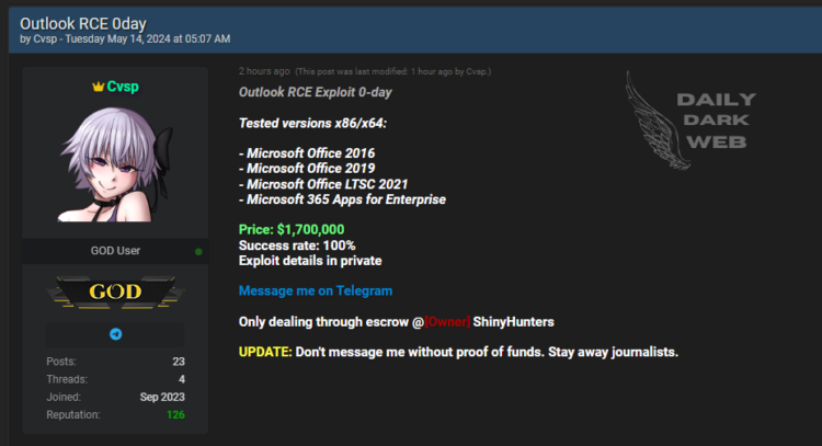A Threat Actor Claims Sale of Outlook RCE Exploit 0-Day for $1,700,000