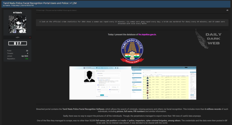 Tamil Nadu Police Facial Recognition Portal Allegedly Breached, Exposing Millions of Records, Including Police Personnel Data