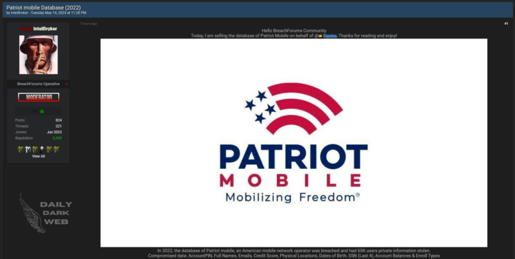 Patriot Mobile Database Allegedly Breached and up for Sale by Intelbroker on Behalf of Centre