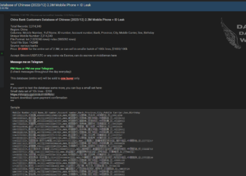 Threat Actor Allegedly Offers China Bank Customers Database for Sale for $12,000