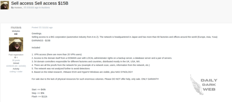 A Threat Actor Allegedly Offers Unauthorized VPN Access to Major Japanese Automotive Corporation