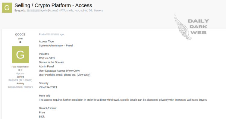 Unauthorized Access to Crypto Platform Allegedly for Sale for $50,000