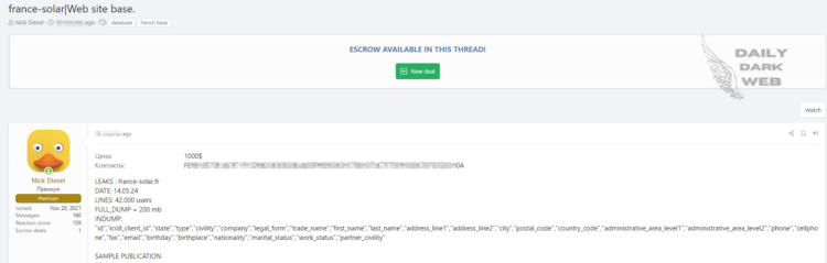 Threat Actor Offers France Solar Database for Sale: 42,000 Lines of Users’ Data