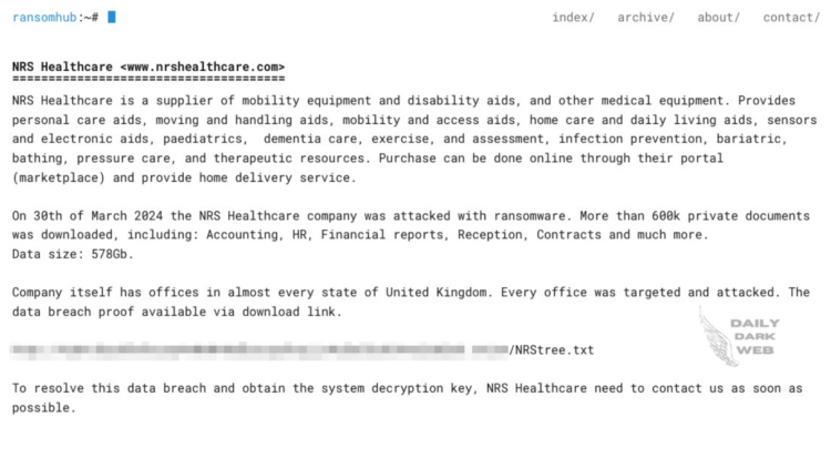 RansomHub Ransomware Group Targets NRS Healthcare, Compromising 578GB of Data