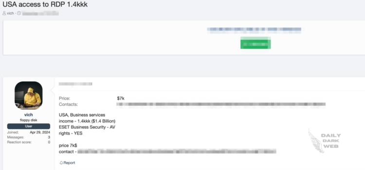 Threat Actor Allegedly Offers Unauthorized RDP Access to an American Business Services Company