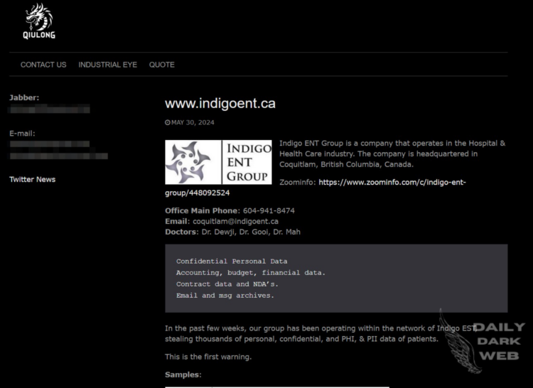 Qiulong Ransomware Group Claims Breach of Indigo ENT Group, Exposes Sensitive Data