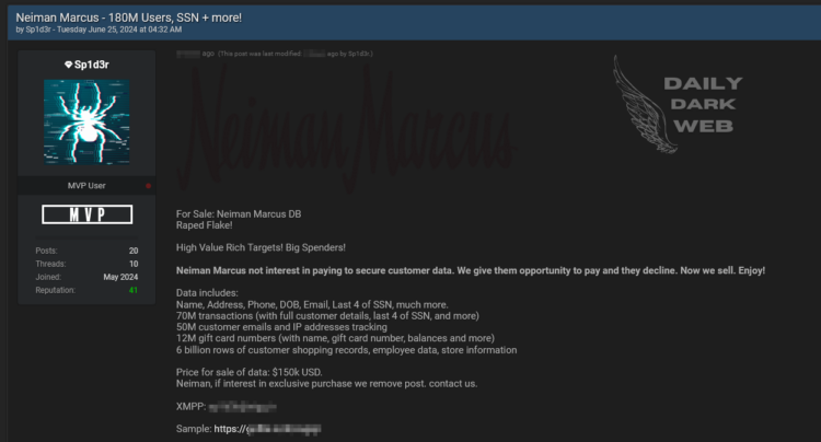 Threat Actor Claims to Sell Neiman Marcus Database for $150,000