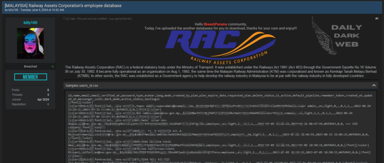 Threat Actor Claims to Have Leaked Railway Assets Corporation Employee Database