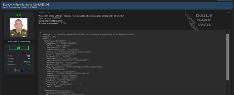 Threat Actor Claims to Have Leaked Database of Over 5 Million Ecuadorian Citizens