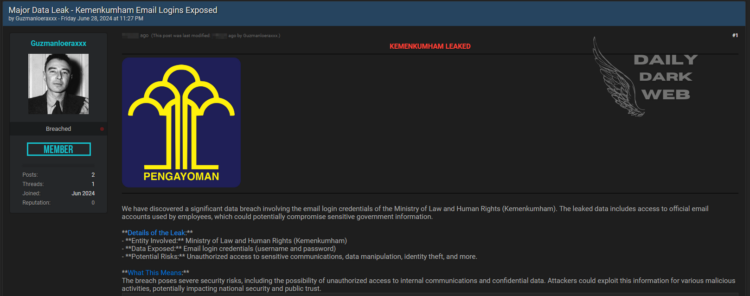 Threat Actor Claims to Have Leaked Email Login Credentials of Indonesia’s Ministry of Law and Human Rights (Kemenkumham)