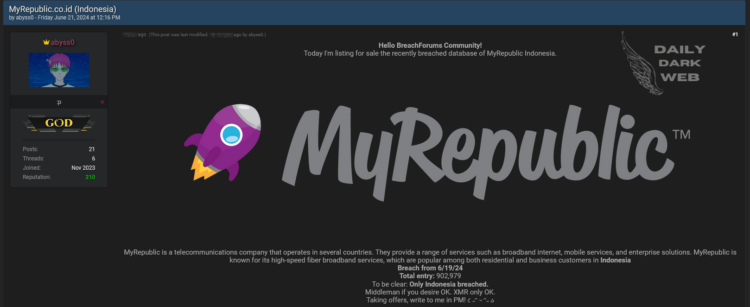Threat Actor Allegedly Offers for Sale 902,979 Records from MyRepublic Indonesia Data Breach