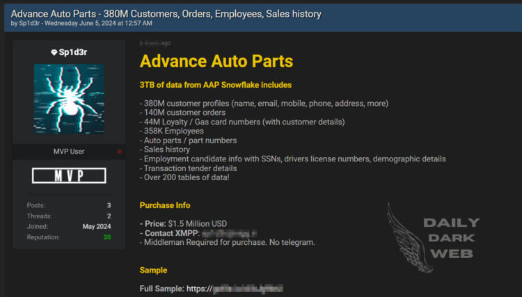 Threat Actor Claims to Sell Data of Advance Auto Parts from AAP Snowflake for $1.5 Million
