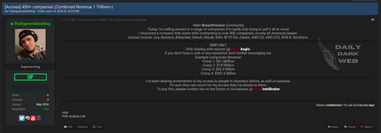 Threat Actor Claims to Sell Unauthorized Access to Over 400 Companies with Combined Revenue Exceeding $1 Trillion