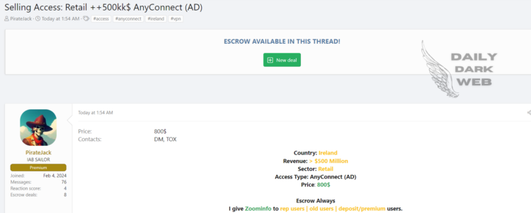 Threat Actor Claims to Sell Unauthorized Access to Major Irish Retailer