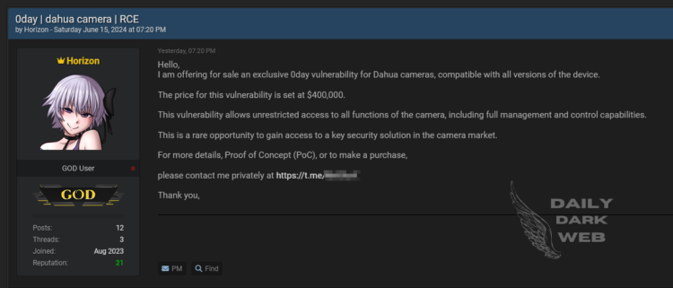 Threat Actor Claims to Sell 0day Vulnerability for Dahua Cameras