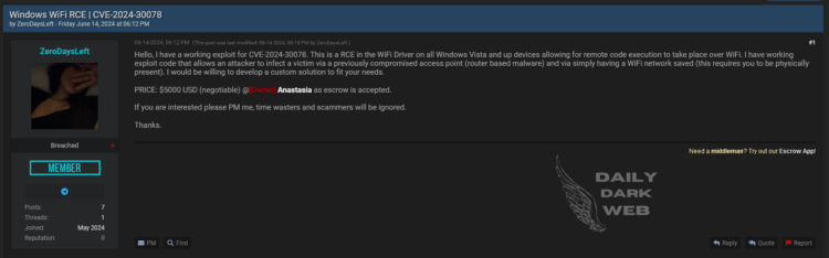 Threat Actor Claims to Sell Exploit for Windows WiFi RCE (CVE-2024-30078)