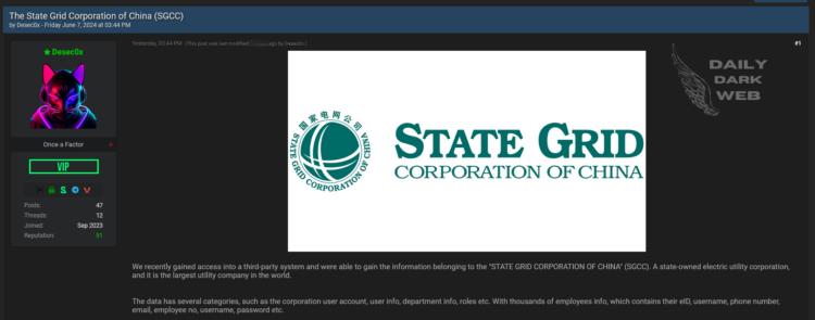 Threat Actor Claims Sale of State Grid Corporation of China (SGCC) Data, World’s Largest Utility Company