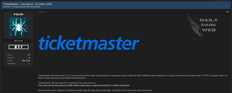 Threat Actor Claims to Leak Data of 1 Million TicketMaster Users from 680 Million Customer Records