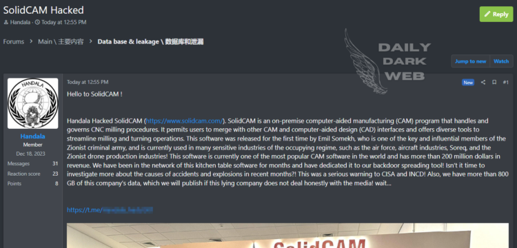 Handala Team Allegedly Hacks SolidCAM, Claims Access to 800GB of Data