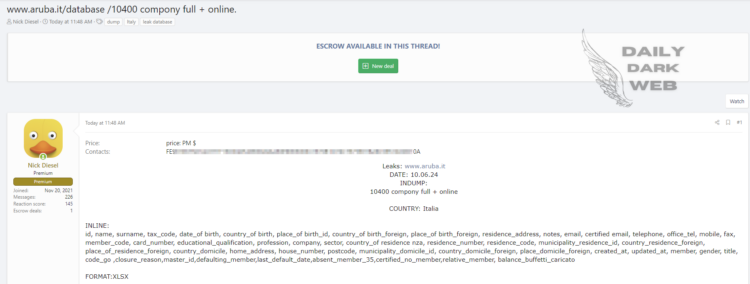 Threat Actor Claims to Sell Aruba S.p.A. Database Containing Over 10,000 Records