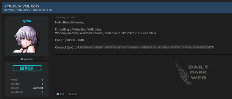 Threat Actor Claims to Sell VirtualBox VME Zero-Day for $50,000